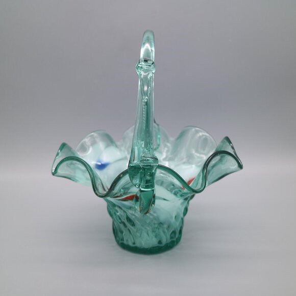 Vintage Hand Blown Art Glass Basket Large Blown Glass Decor Red White Spotted 8" - Picture 3 of 8